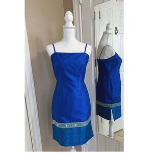 Bright blue embroidered beaded silk cocktail dress size 6